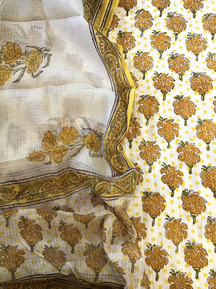 Image of Pure Cotton Self Weaved Printed Suit - White/Yellow