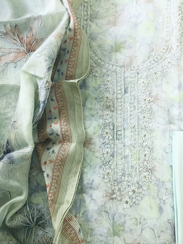 Image of Soft Kora Chanderi Printed Embroidered Suit - Blue