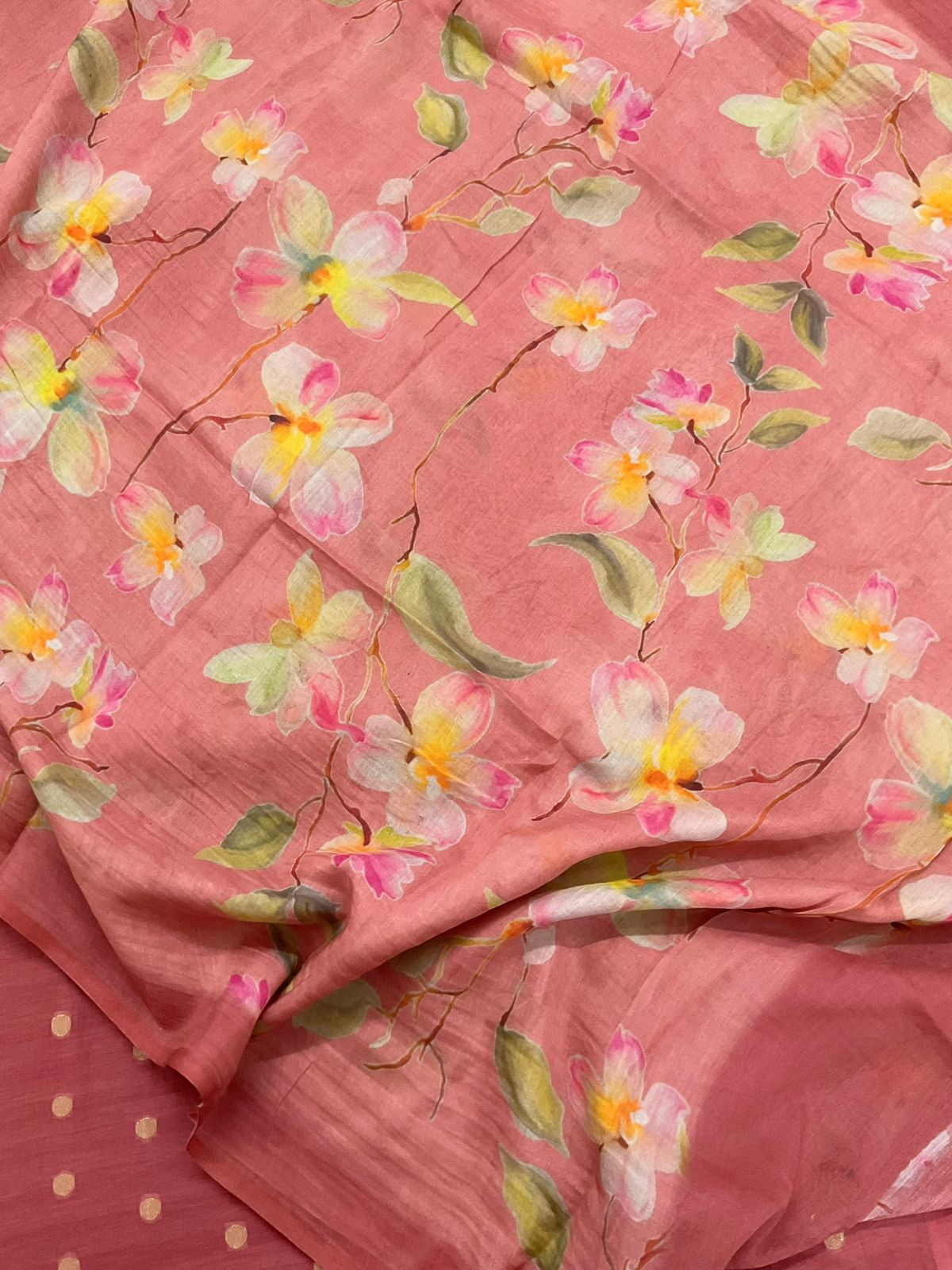 Pure Mul Chanderi Prinetd Banarasi Weaved Suit - Rustic Peach