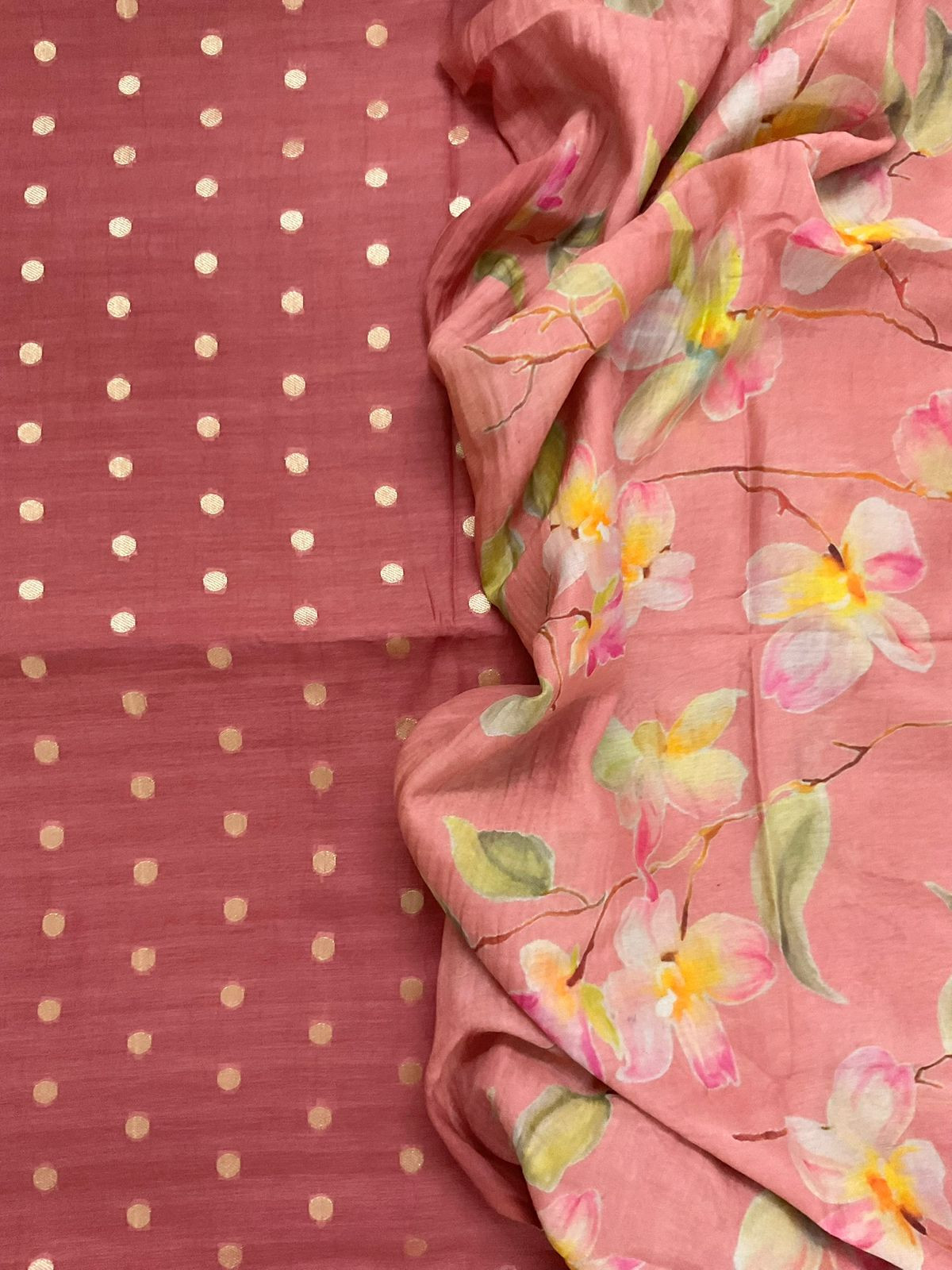 Pure Mul Chanderi Prinetd Banarasi Weaved Suit - Rustic Peach