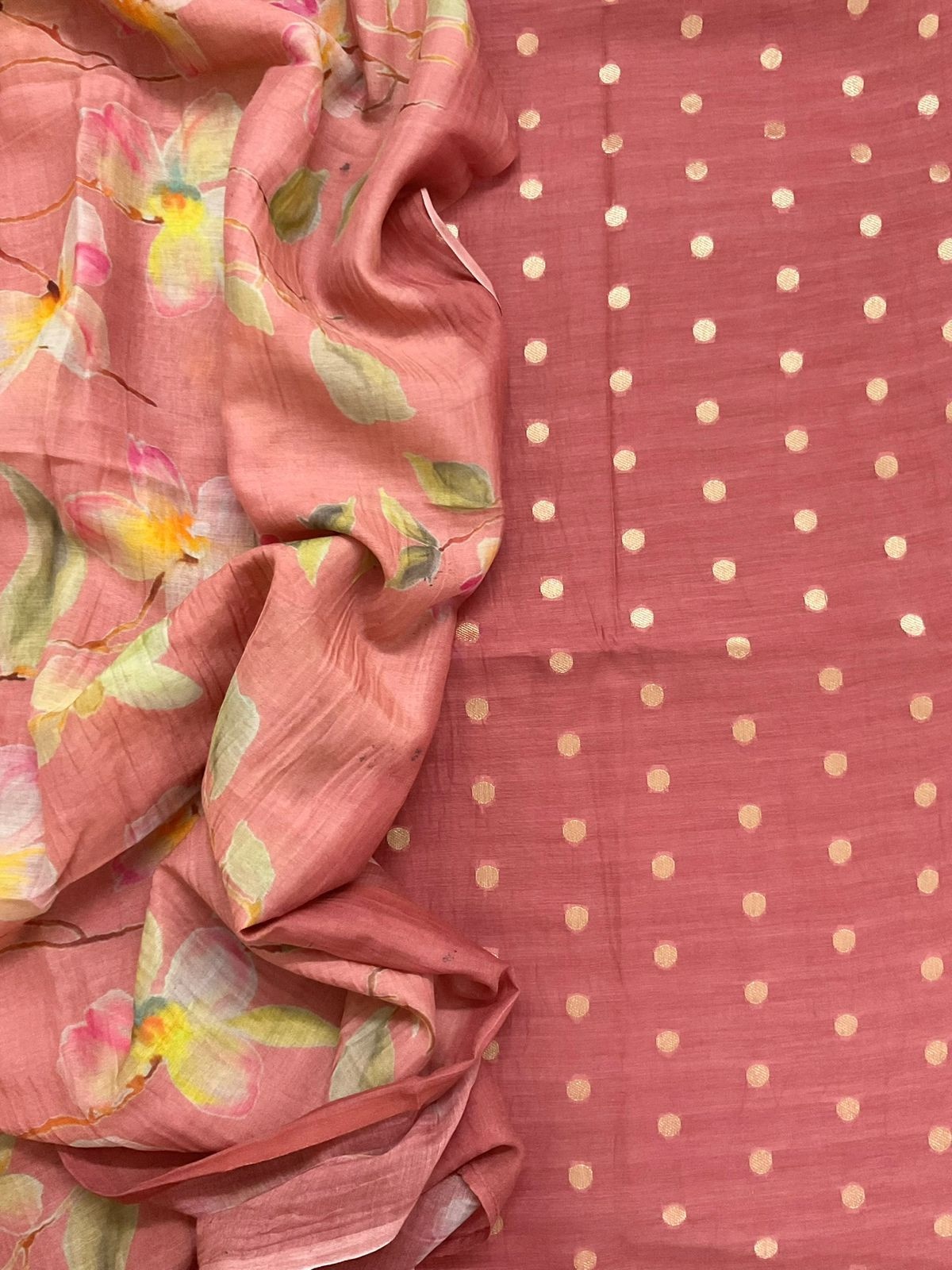 Pure Mul Chanderi Prinetd Banarasi Weaved Suit - Rustic Peach