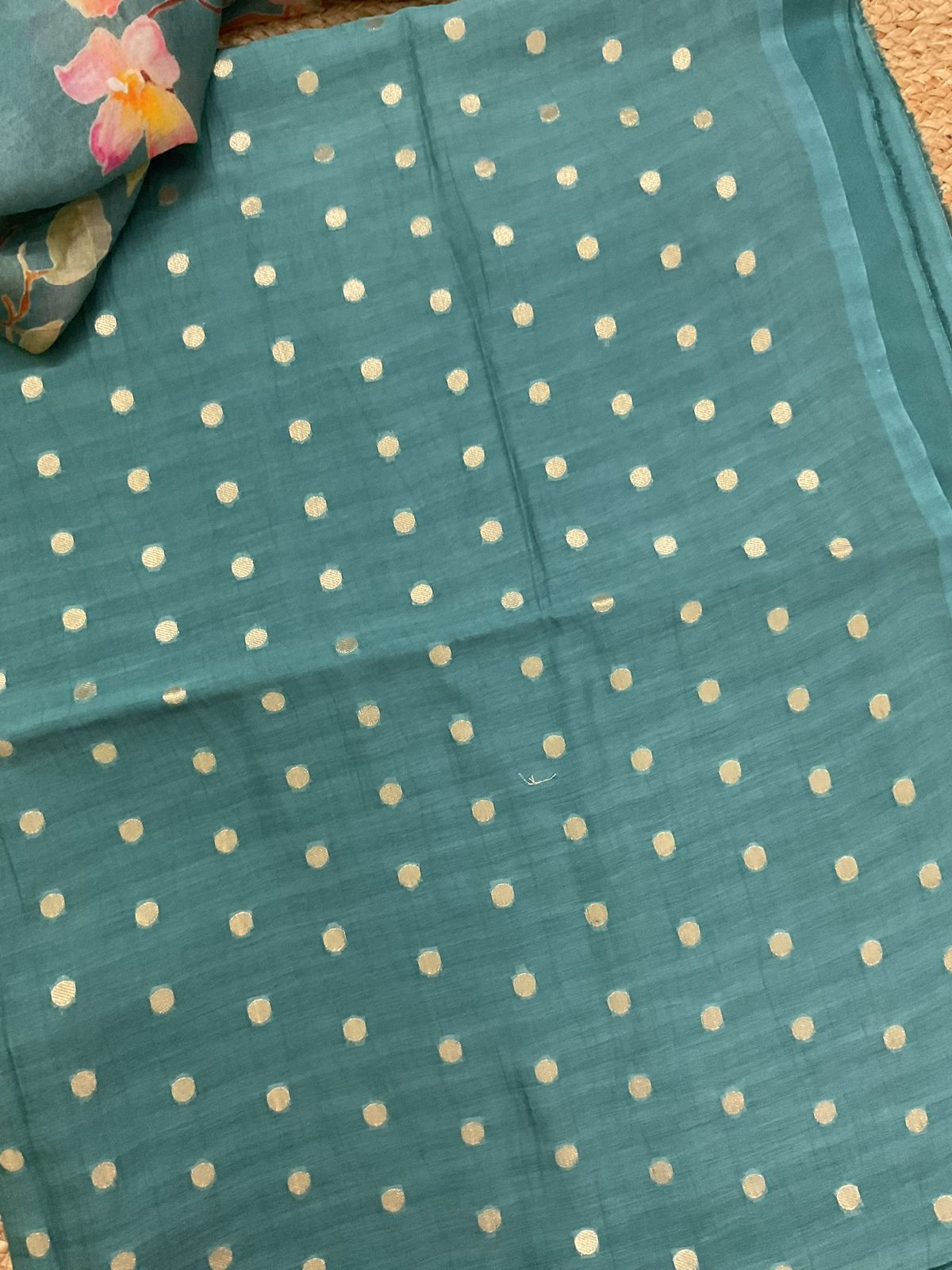 Pure Mul Chanderi Prinetd Banarasi Weaved Suit - Blue