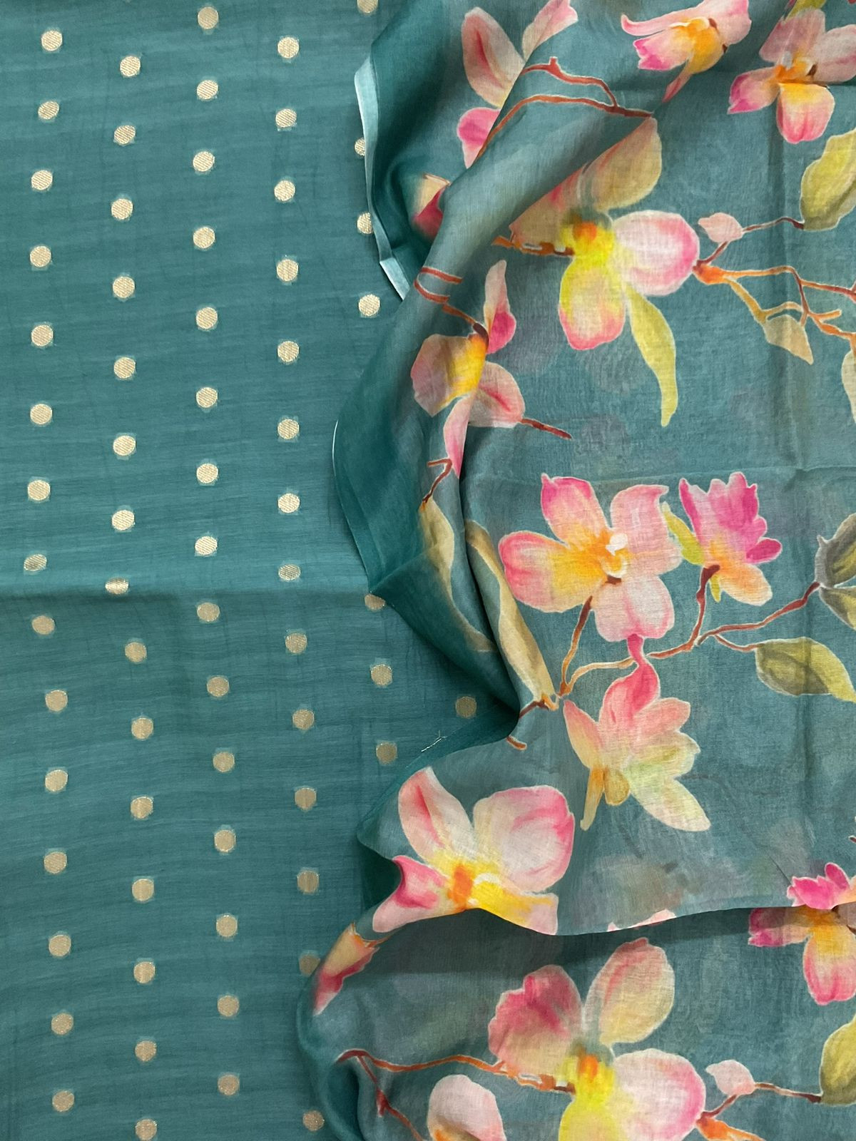 Pure Mul Chanderi Prinetd Banarasi Weaved Suit - Blue