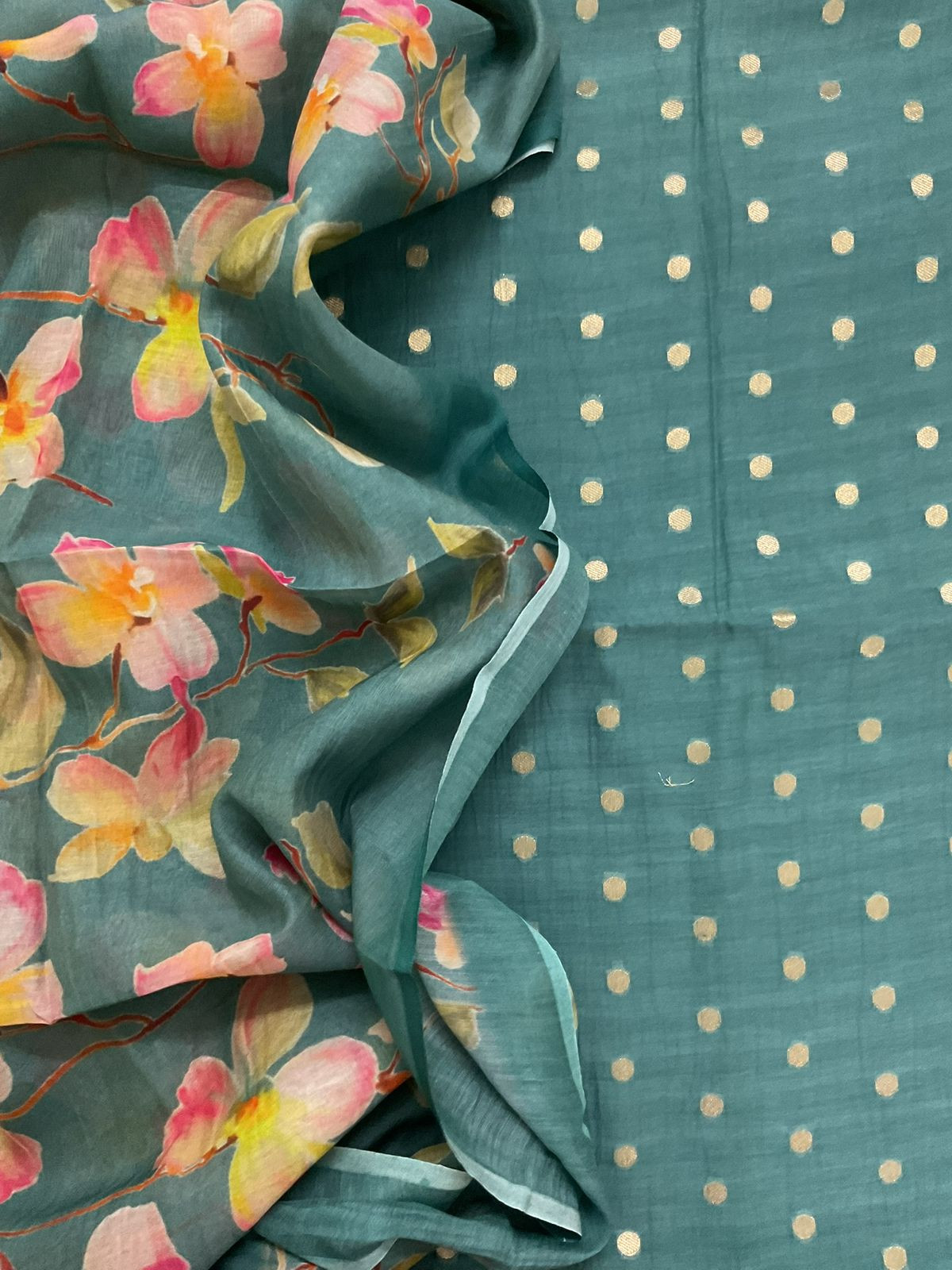 Pure Mul Chanderi Prinetd Banarasi Weaved Suit - Blue