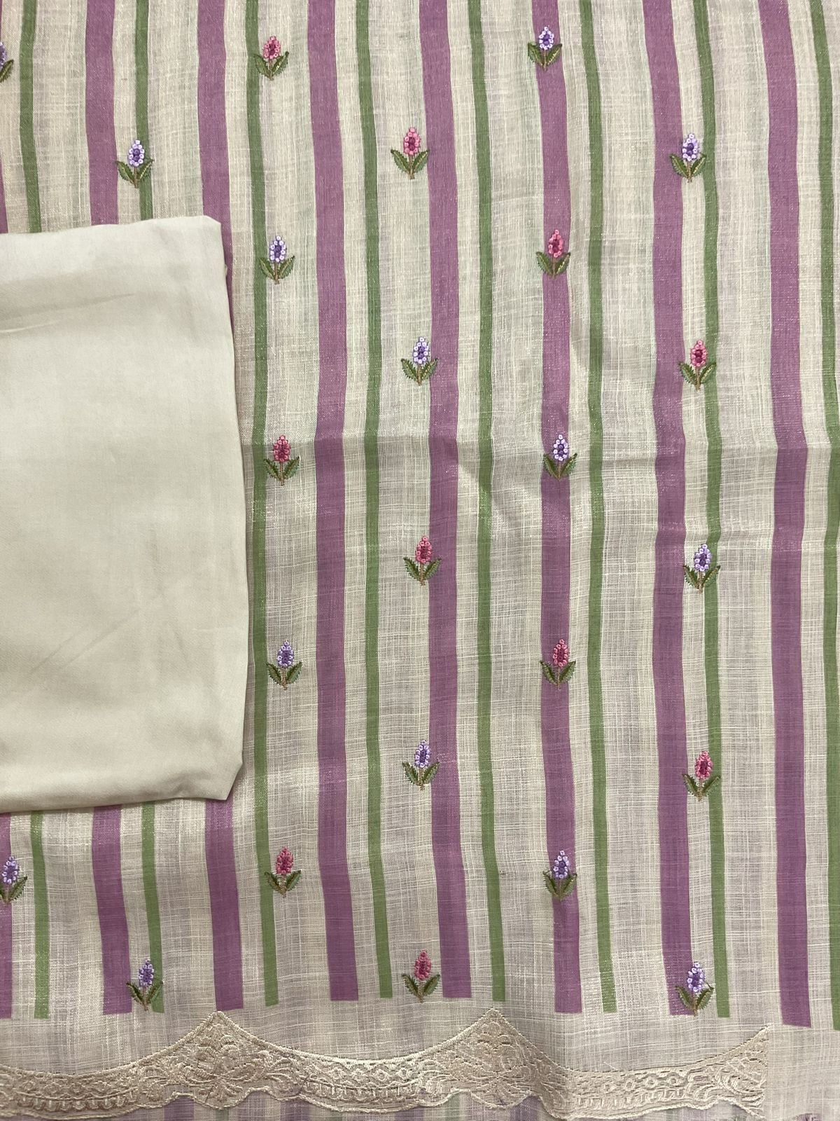 Soft Tissue Slub Cotton Printed Embroidered Suit - Beige