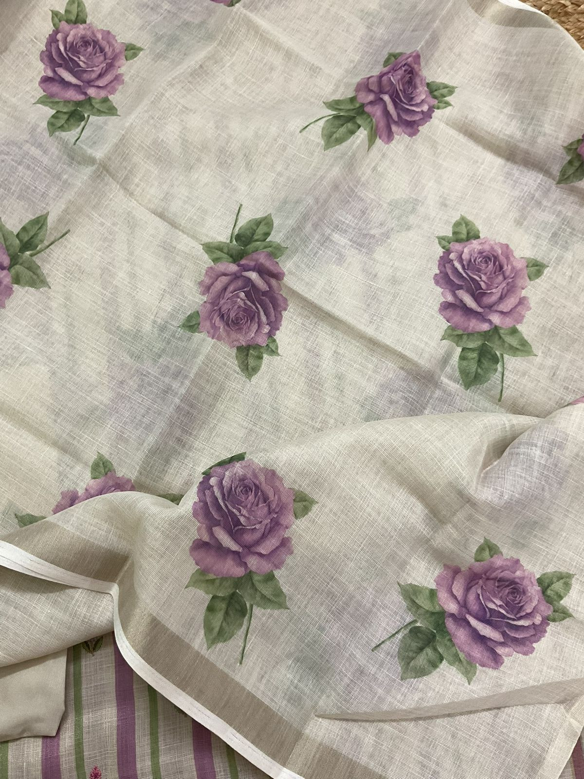 Soft Tissue Slub Cotton Printed Embroidered Suit - Beige