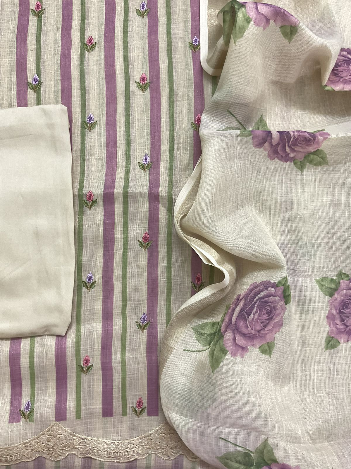 Soft Tissue Slub Cotton Printed Embroidered Suit - Beige