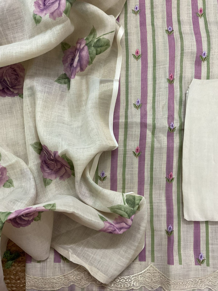 Image of Soft Tissue Slub Cotton Printed Embroidered Suit - Beige