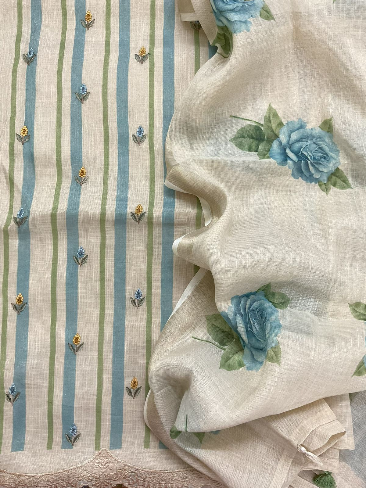 Soft Tissue Slub Cotton Printed Embroidered Suit - Beige