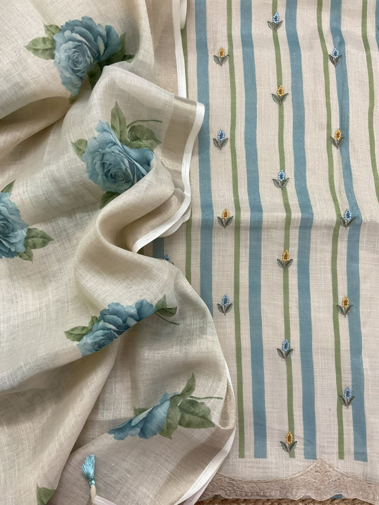 Image of Soft Tissue Slub Cotton Printed Embroidered Suit - Beige