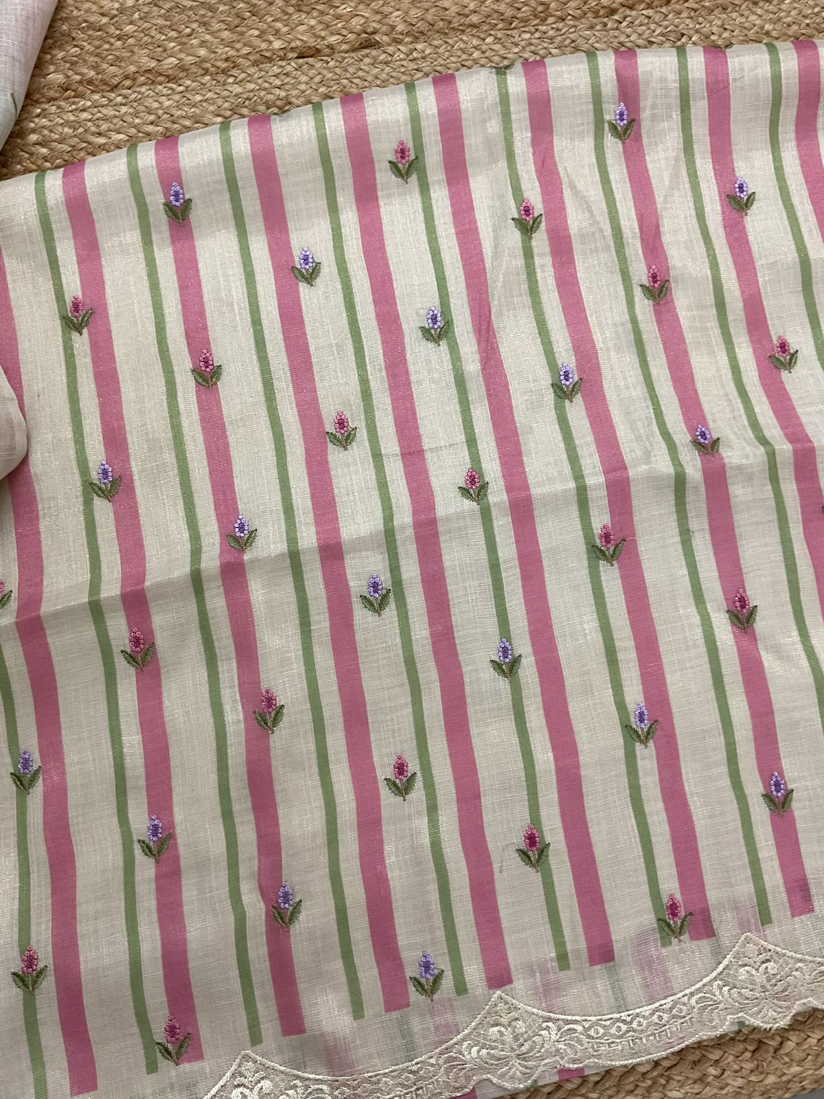 Soft Tissue Slub Cotton Printed Embroidered Suit - Beige