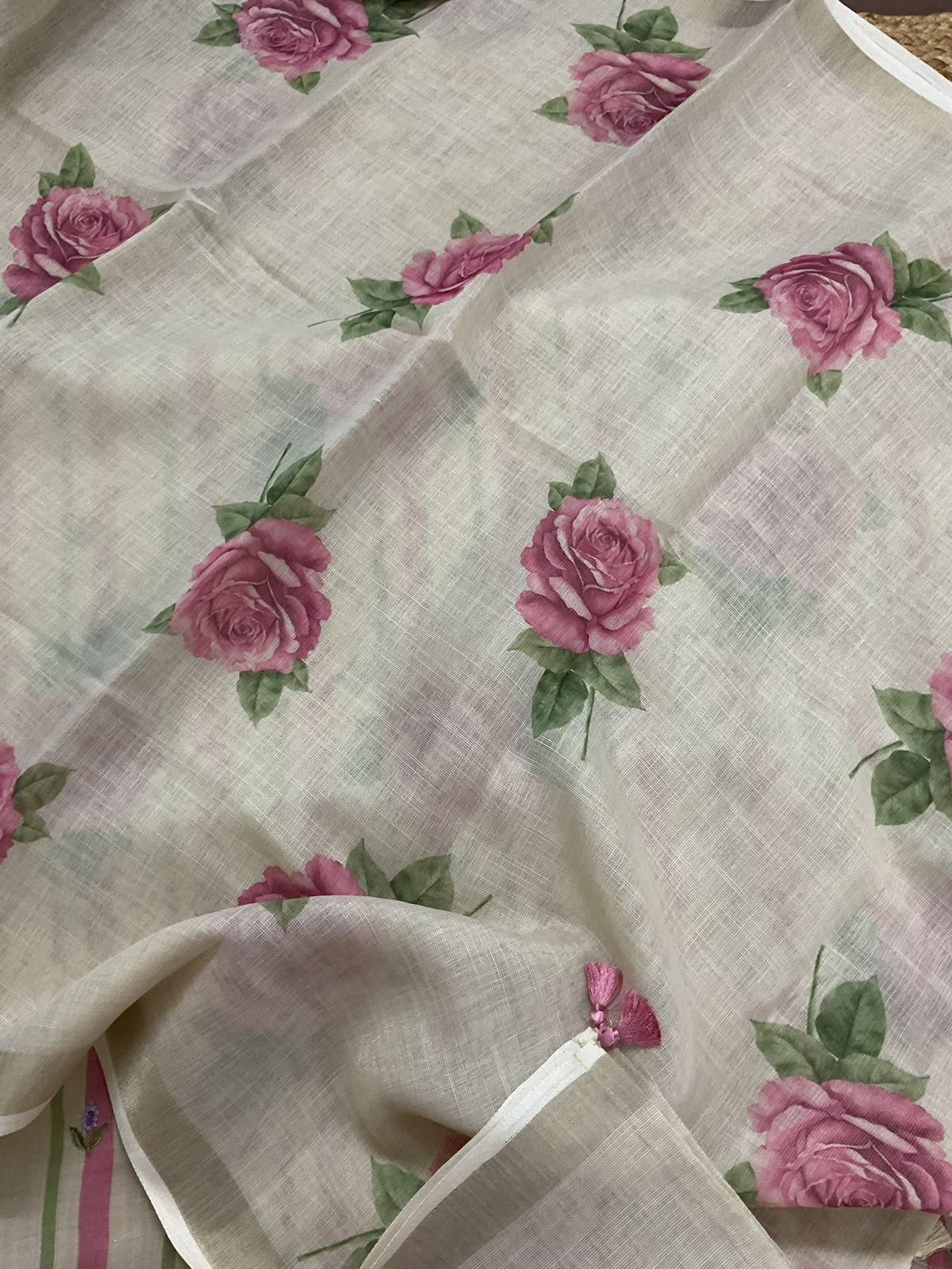 Soft Tissue Slub Cotton Printed Embroidered Suit - Beige