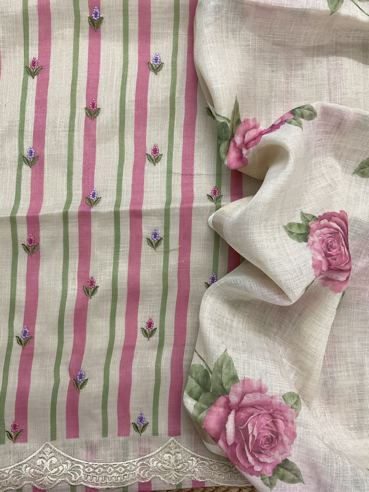 Soft Tissue Slub Cotton Printed Embroidered Suit - Beige