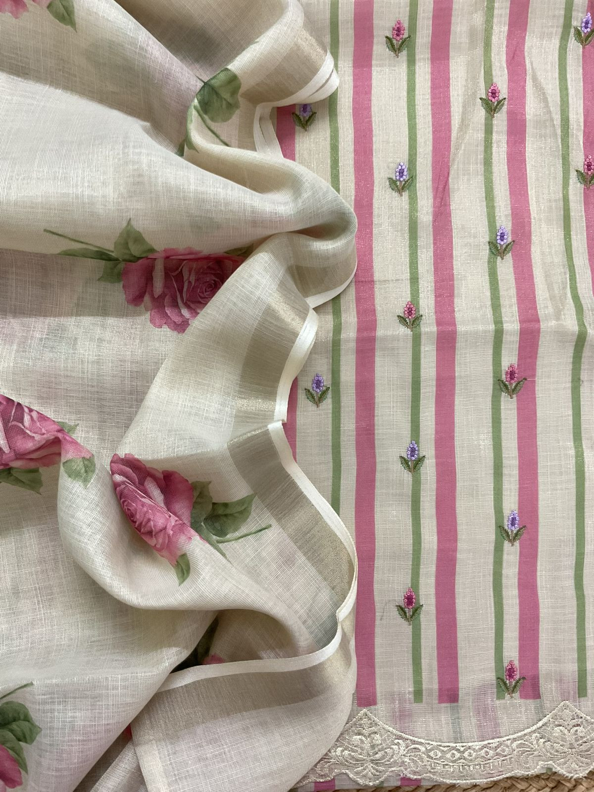 Soft Tissue Slub Cotton Printed Embroidered Suit - Beige