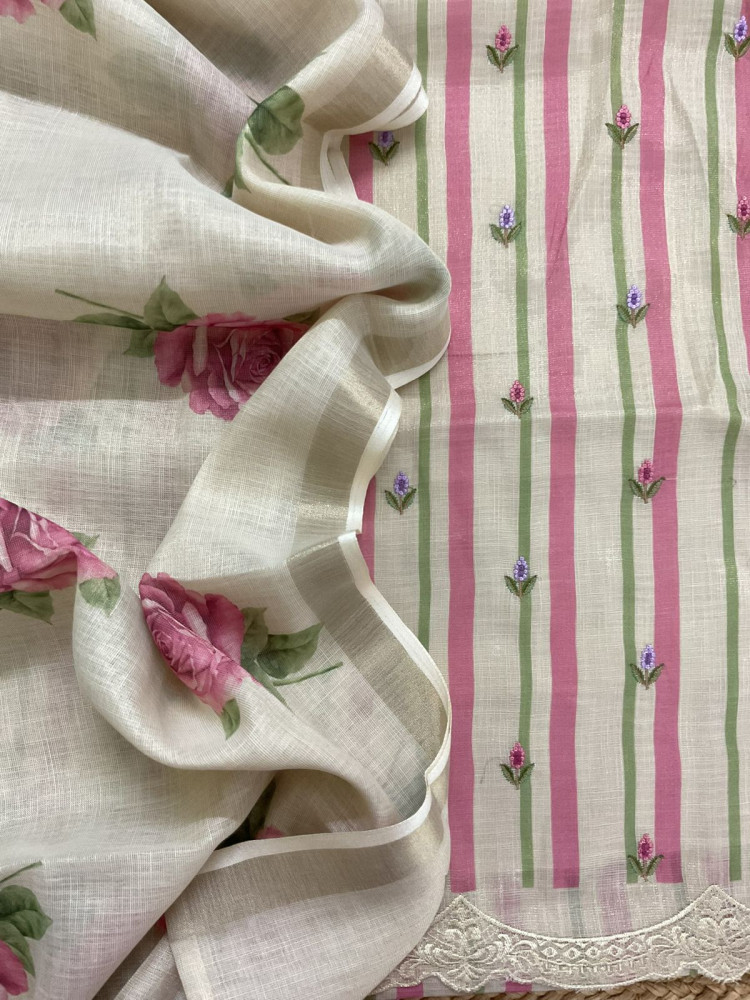 Image of Soft Tissue Slub Cotton Printed Embroidered Suit - Beige