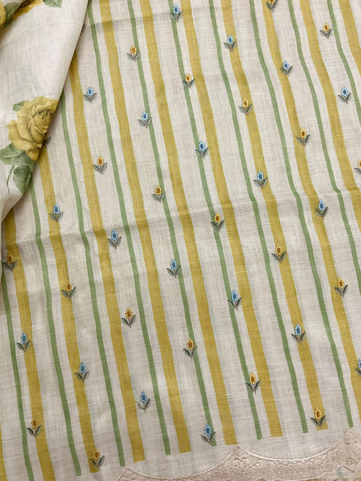 Soft Tissue Slub Cotton Printed Embroidered Suit - Beige