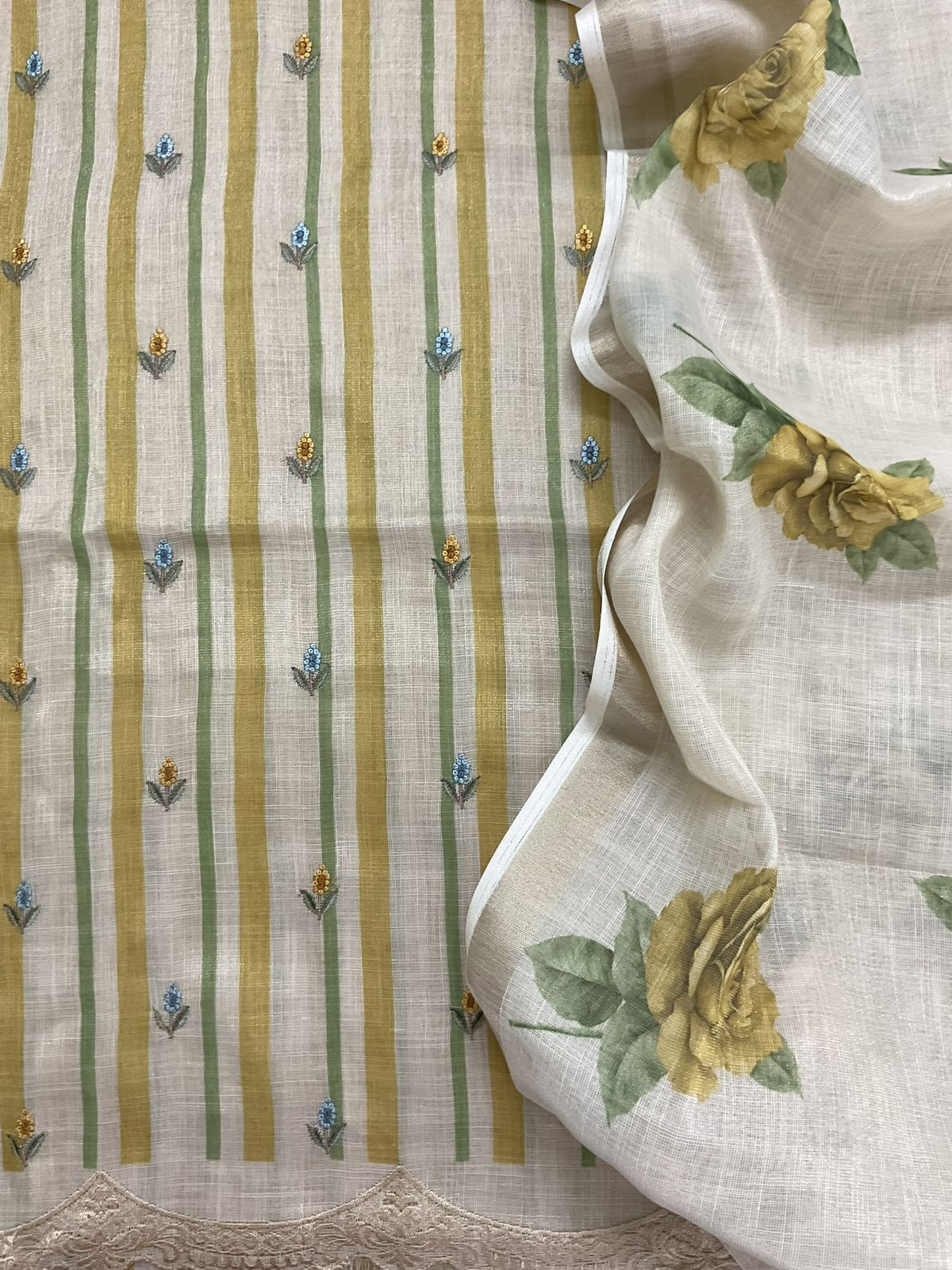 Soft Tissue Slub Cotton Printed Embroidered Suit - Beige