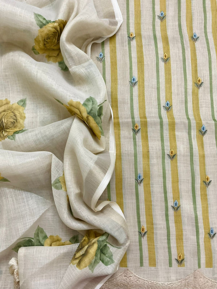 Image of Soft Tissue Slub Cotton Printed Embroidered Suit - Beige