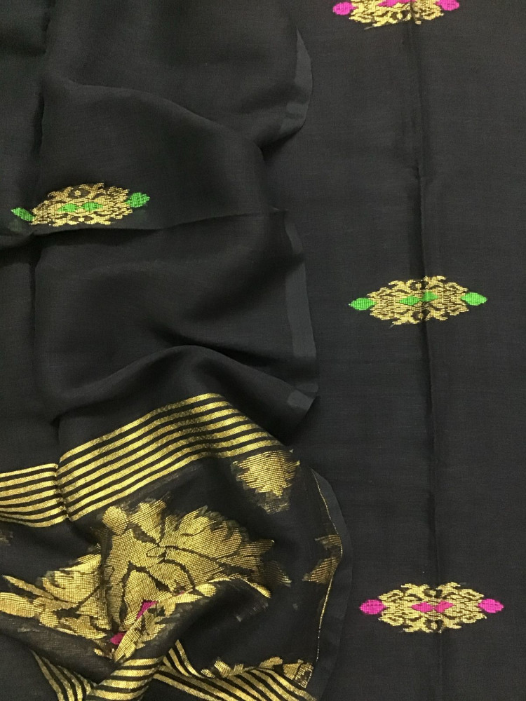 Image of Pure Linen Jute Cotton Self Weaved Kurta Dupatta Set - Black