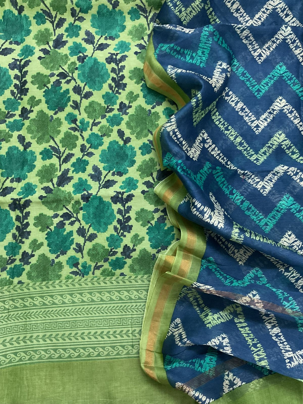 Pure Mul Chanderi Printed Suit - Green