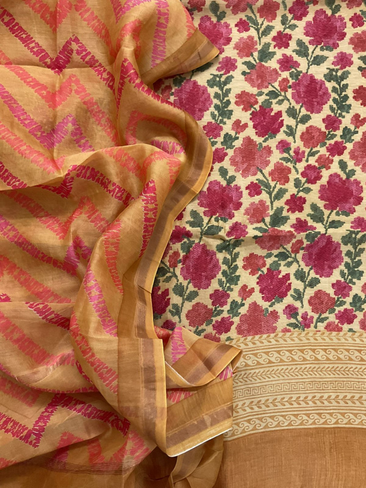 Image of Pure Mul Chanderi Printed Suit - Mustard