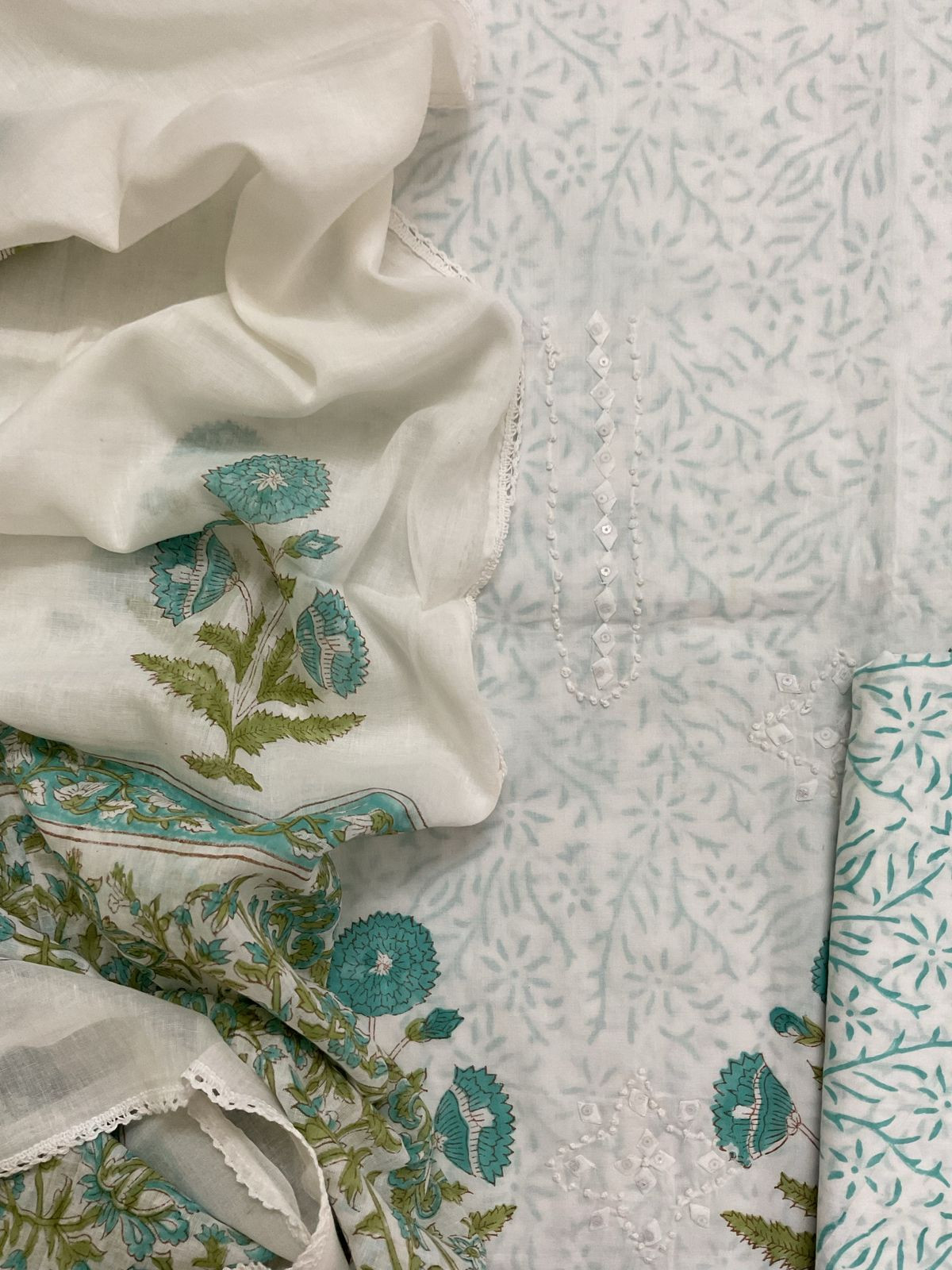 Pure Cotton Printed Appliqu Work Suit - Offwhite