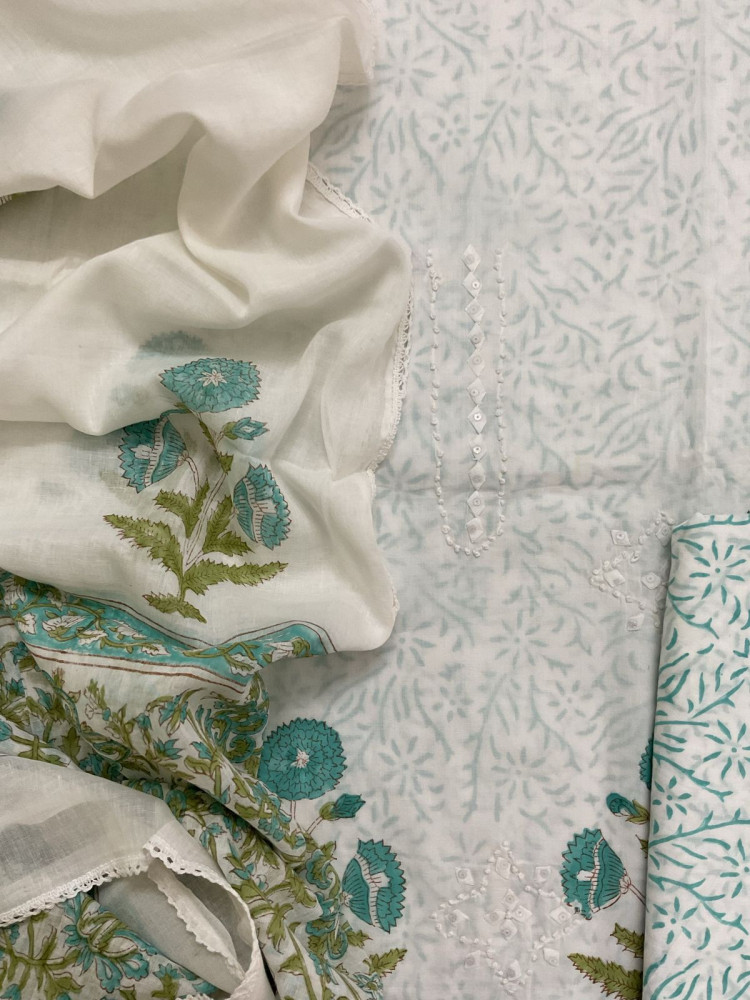 Image of Pure Cotton Printed Appliqué Work Suit - Offwhite