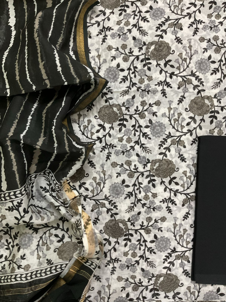 Image of Pure Maheshwari Silk Printed Suit - Grey