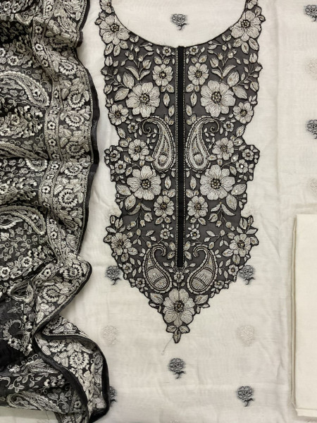 Image of Pure Linen Chanderi Jamdani Weaved Embroidered Suit - Off White