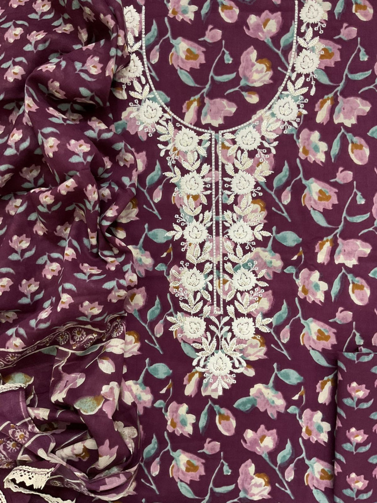 Image of Pure Cotton Printed Embroidered Suit - Wine