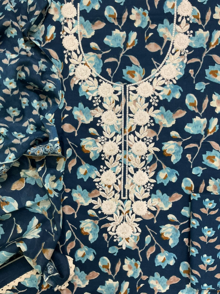 Image of Pure Cotton Printed Embroidered Suit - Blue
