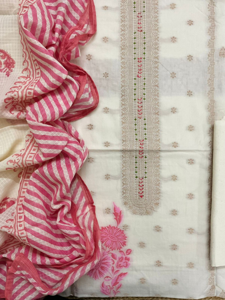 Image of Pure Fine Cotton Silk Banarasi Weaved Embroidered Suit - Off White