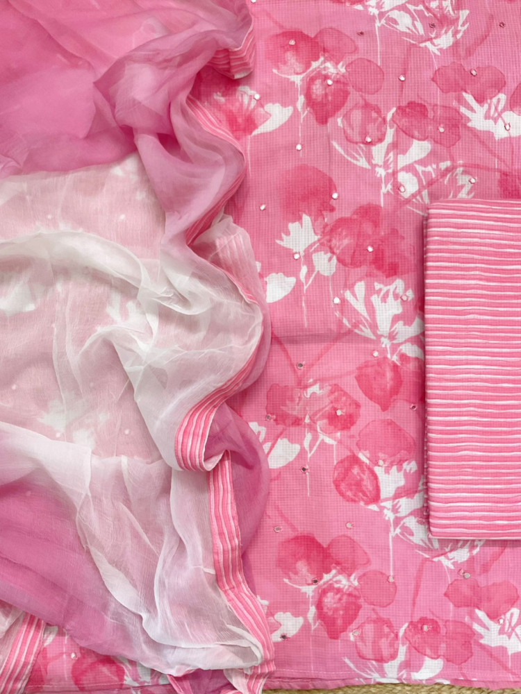 Image of Pure Self Weaved Cotton Printed Embroidered Suit - Pink