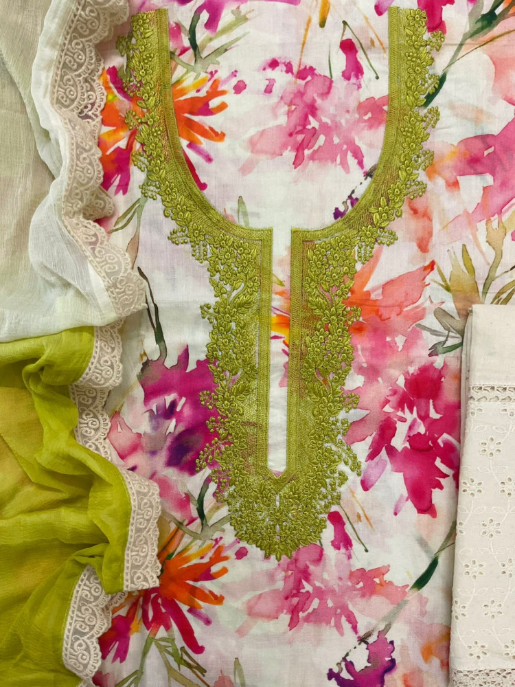 Image of Pure Jaam Cotton Printed Embroidered Suit - Off White
