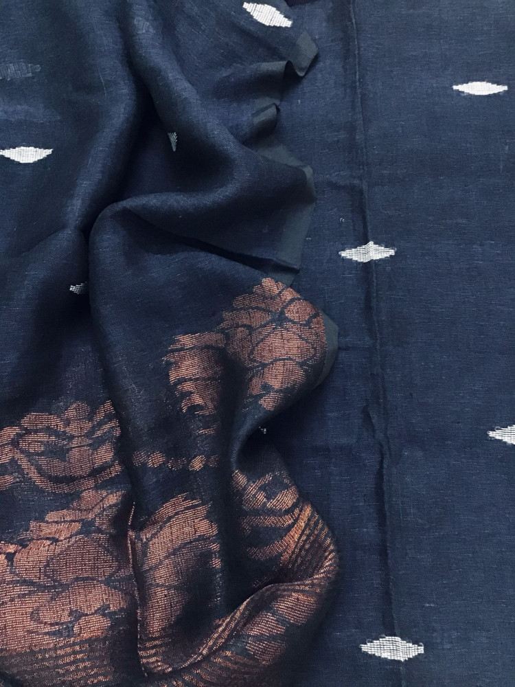 Image of Pure Linen Jute Cotton Self Weaved Kurta Dupatta Set - Blue