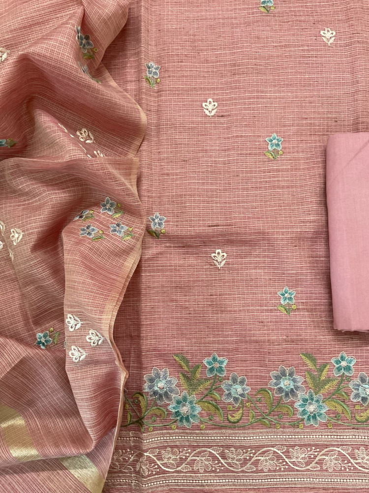 Image of Soft Kota Silk Embroidered Suit - Peach