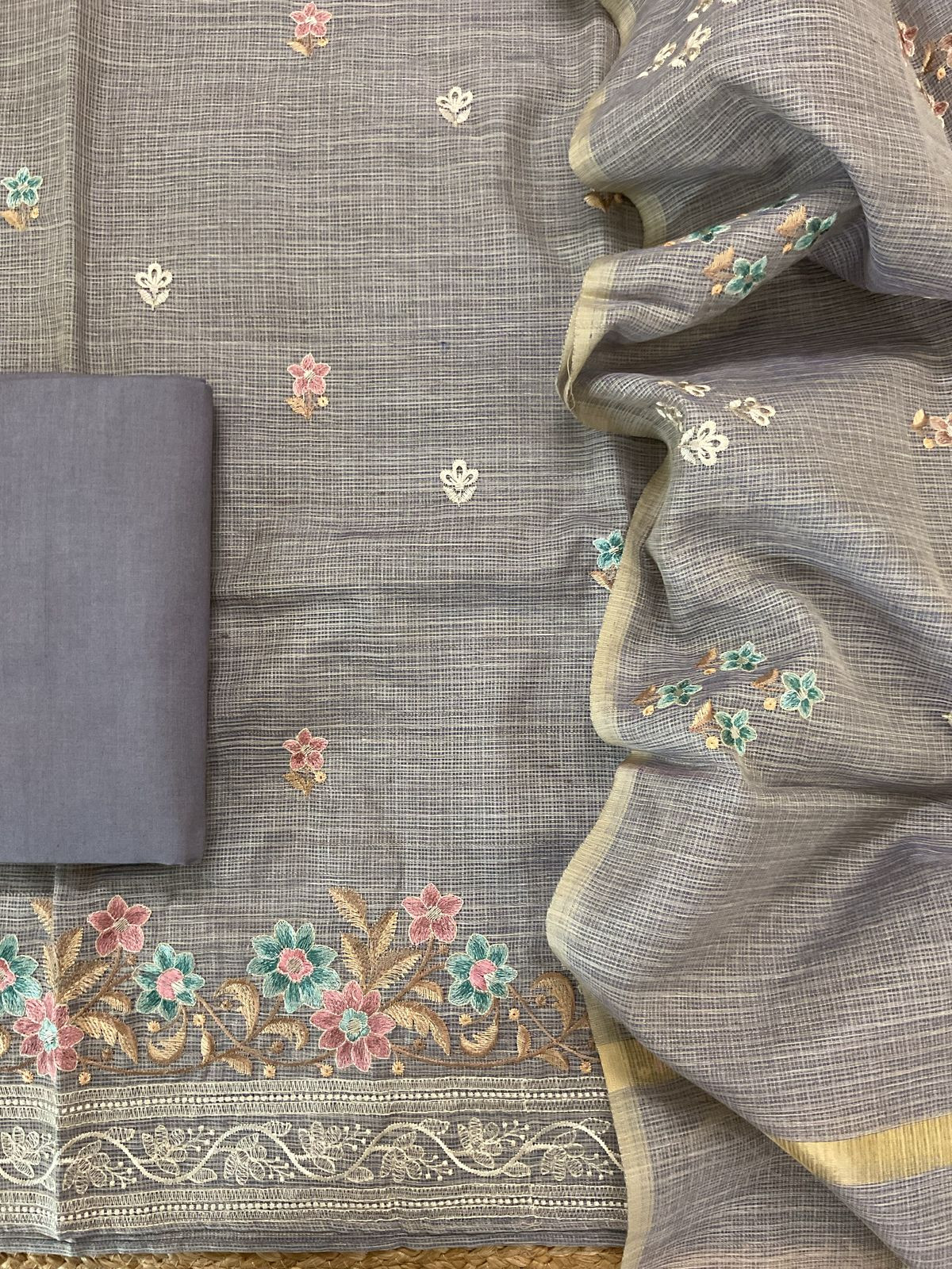 Soft Kota Silk Embroidered Suit - Lilac