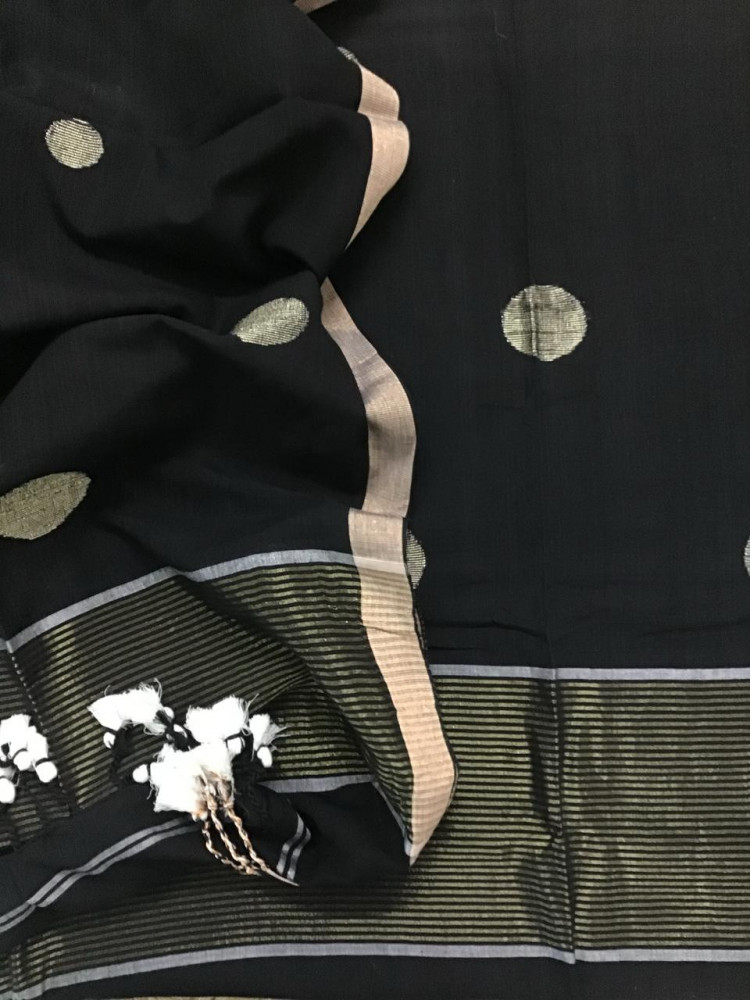 Image of Pure Handloom Cotton Self Weaved Kurta Dupatta Set - Black