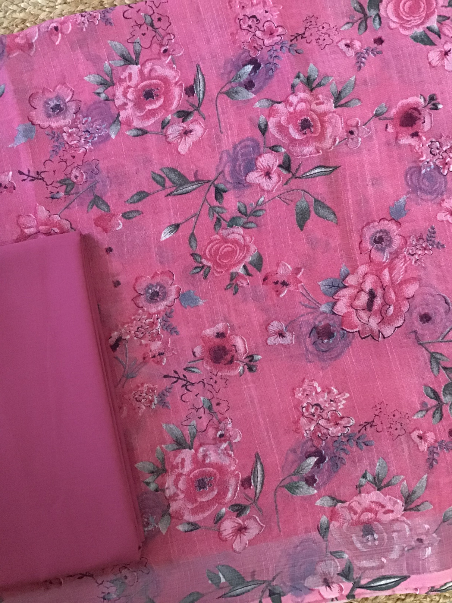 Pure Linen Jute Cotton Printed Suit - Pink