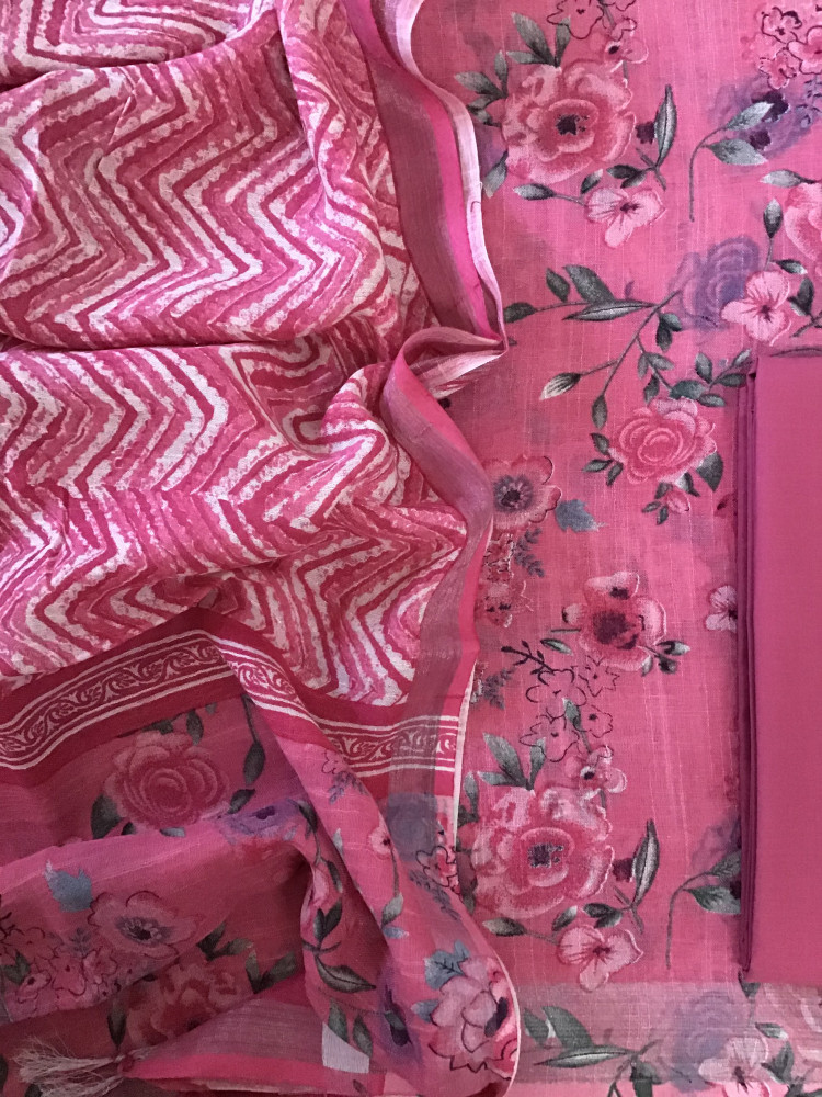 Image of Pure Linen Jute Cotton Printed Suit - Pink