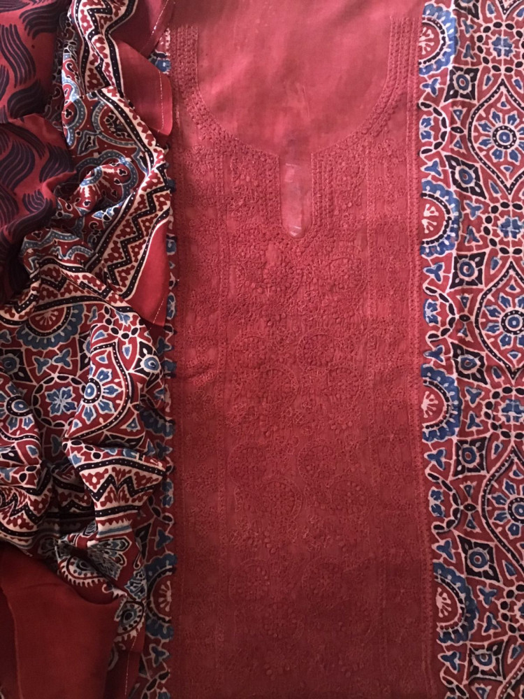Image of Pure Fine Muslin Silk Ajrakh Printed Embroidered Suit - Dark Red