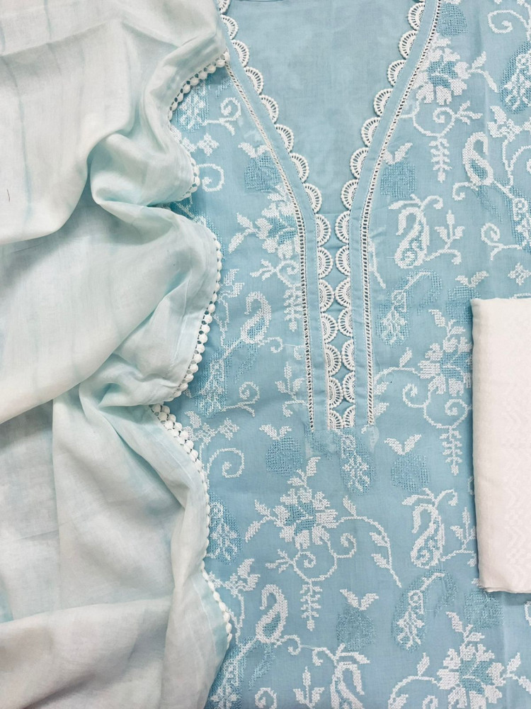 Image of Pure Cotton Printed Embroidered Suit - Blue