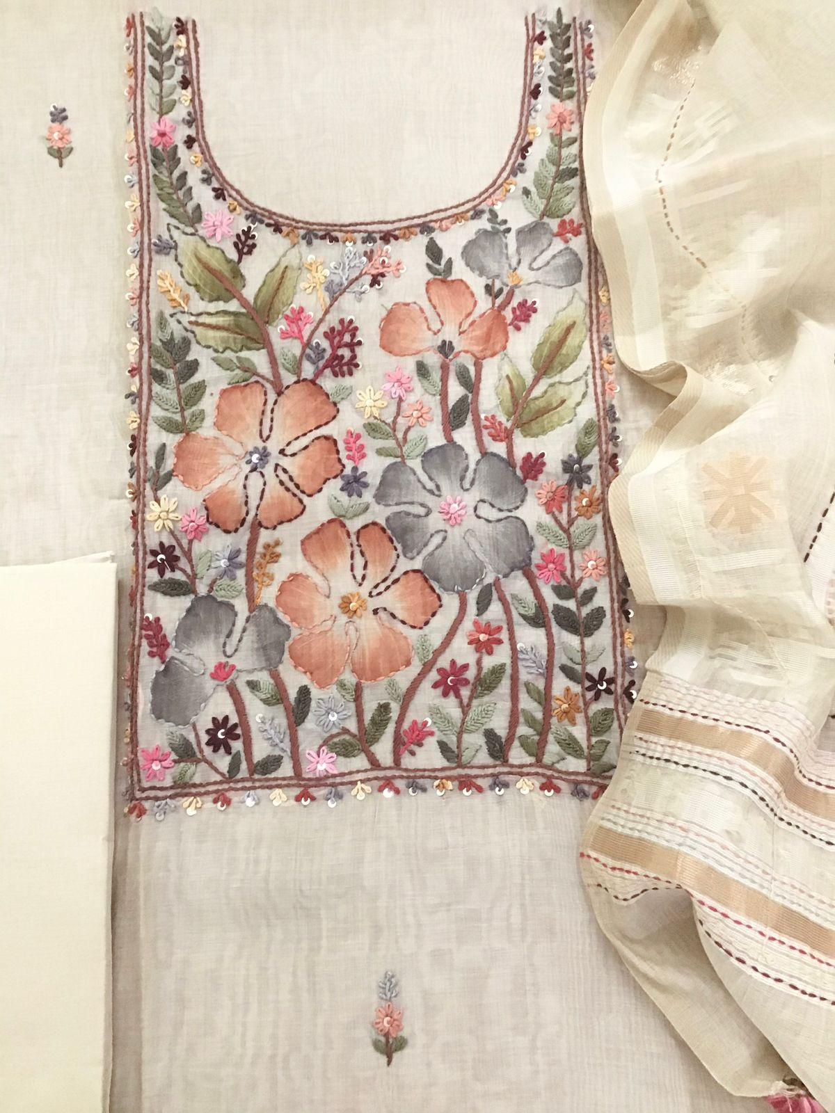 Soft Slub Chanderi Brush Painted Jamdani Weaved Embroidered Suit - Beige