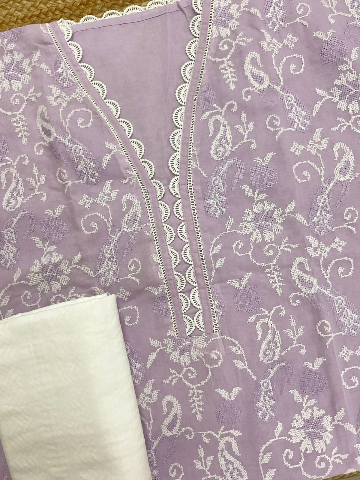 Pure Cotton Printed Embroidered Suit - Lavender