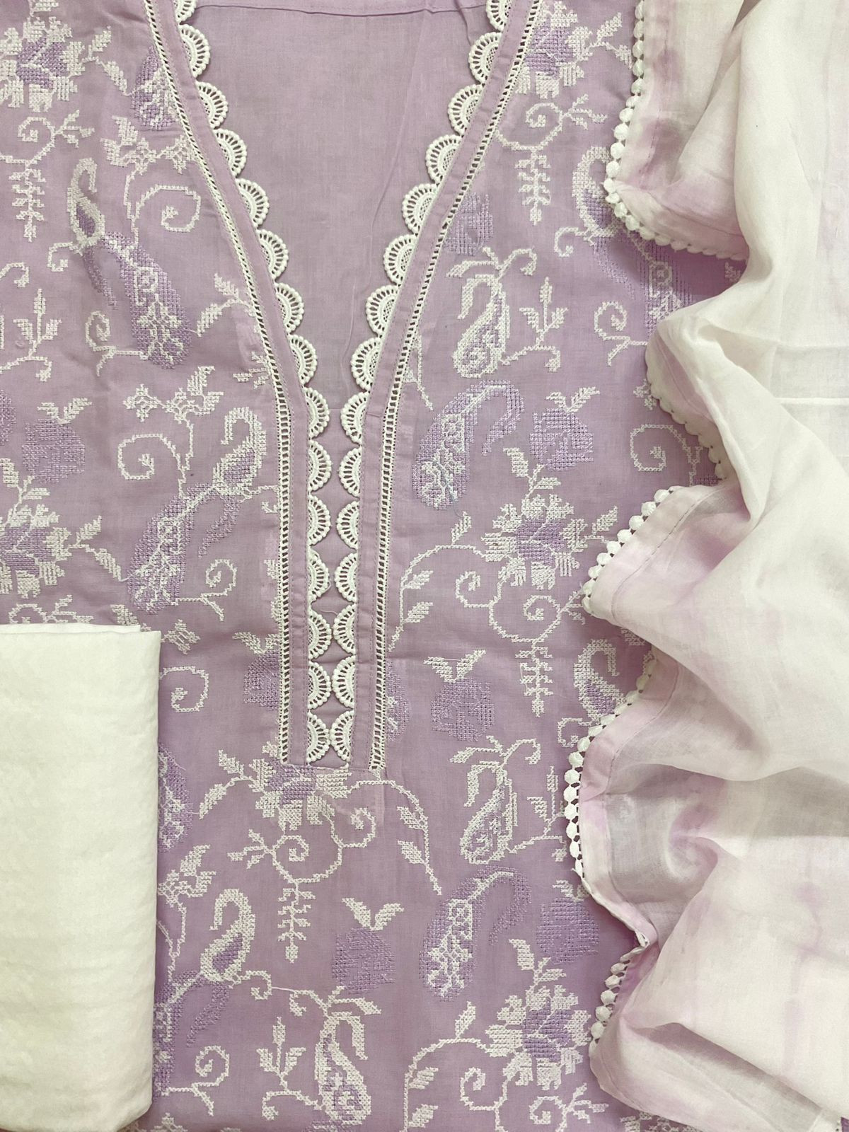 Pure Cotton Printed Embroidered Suit - Lavender