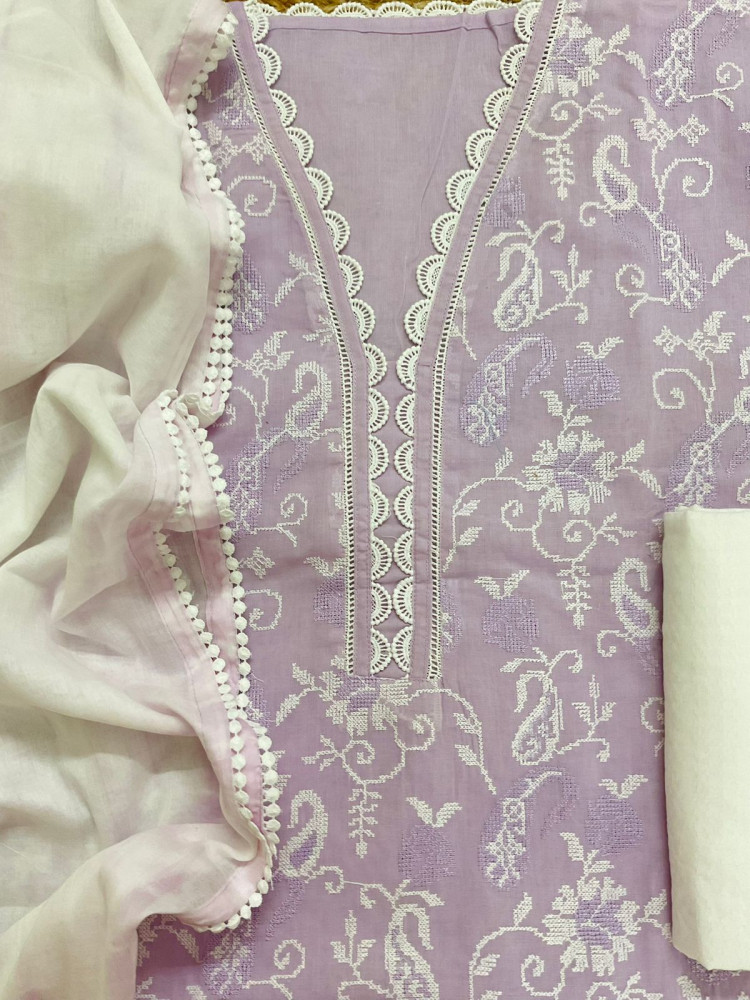 Image of Pure Cotton Printed Embroidered Suit - Lavender