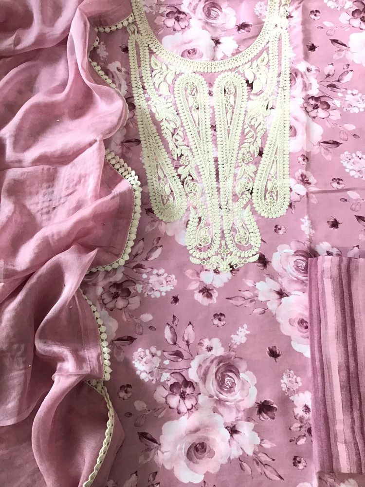 Image of Pure Muslin Printed Embroidered Suit - Pink