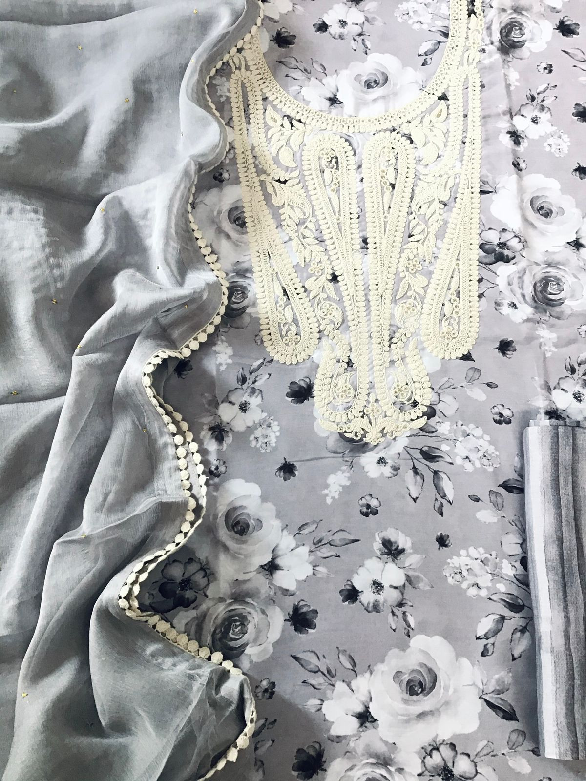 Pure Muslin Printed Embroidered Suit - Grey