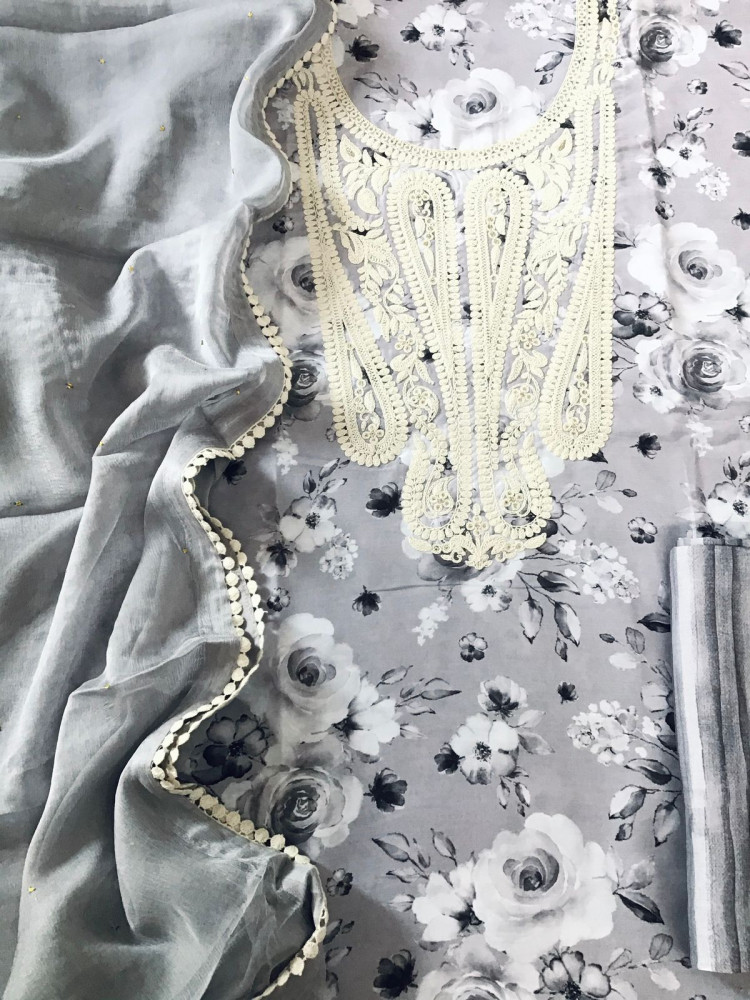 Image of Pure Muslin Printed Embroidered Suit - Grey