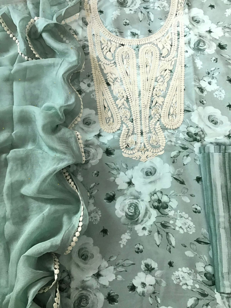 Image of Pure Muslin Printed Embroidered Suit - Green